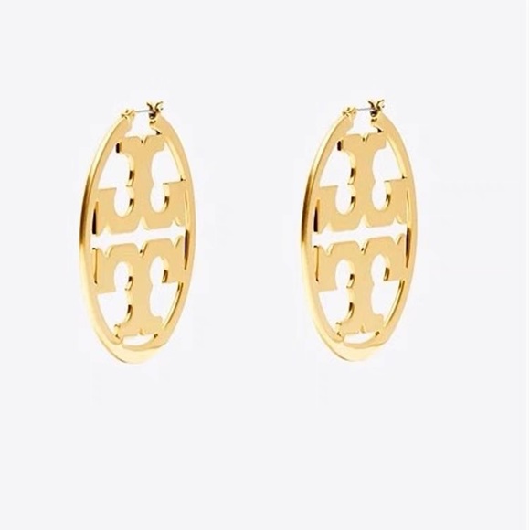 Tory Burch Large Gold Logo Hoop Earrings - Picture 3 of 11